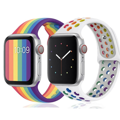 Silicone sports wristband with single buckle strap in black, rainbow, or white, sizes 38x40mm and 42x44mm
