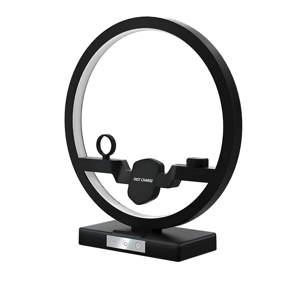 3-in-1 wireless charging station with table lamp charging phone, watch, and headset simultaneously