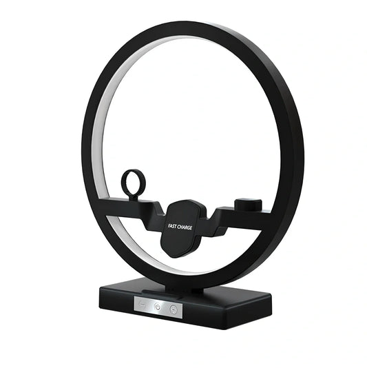3-in-1 wireless charging station with table lamp charging phone, watch, and headset simultaneously