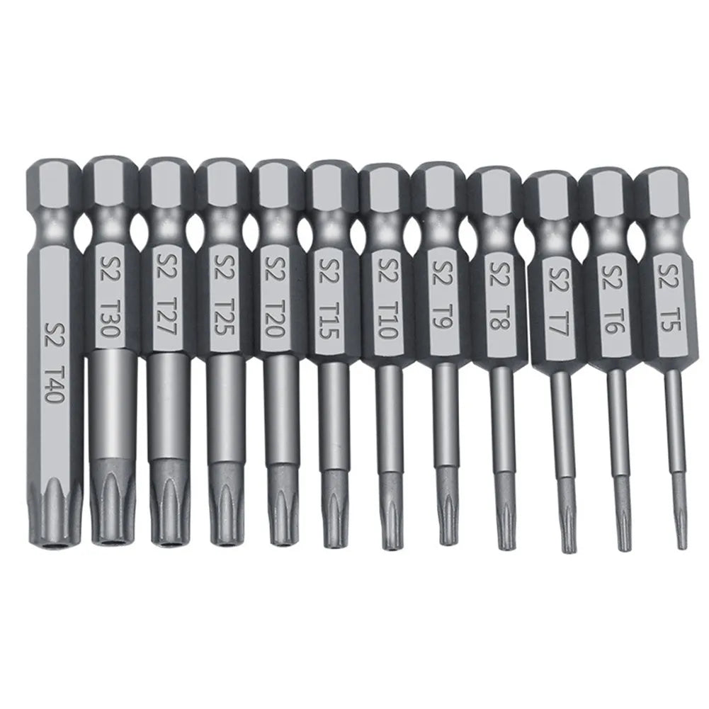 Set of alloy hexagon handle screwdrivers in 50mm, 75mm, and 100mm lengths with plum blossom hollow tips.