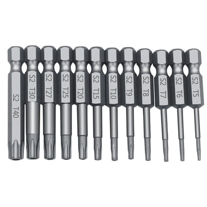 Set of alloy hexagon handle screwdrivers in 50mm, 75mm, and 100mm lengths with plum blossom hollow tips.