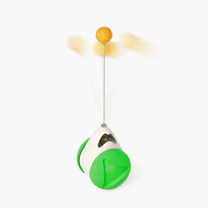 Cat rotating windmill toy with suction base, two transparent bins, blue and yellow-green TPR body.