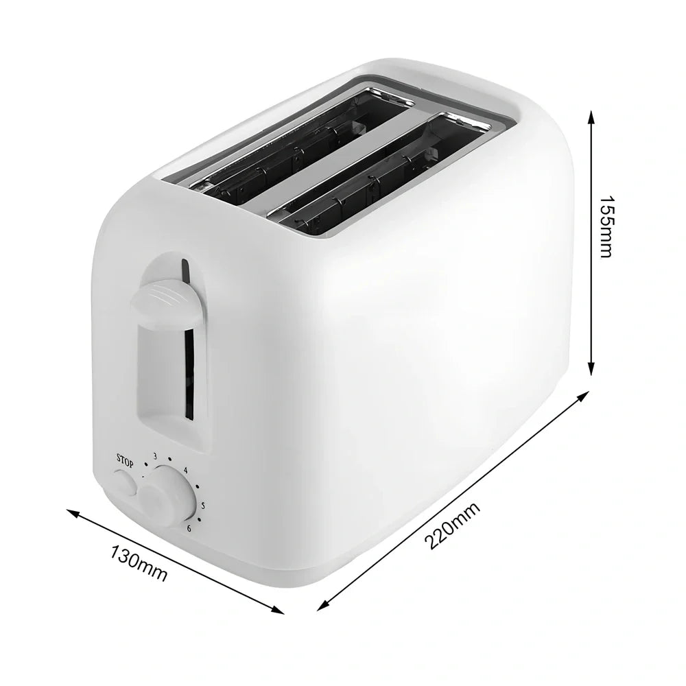 White automatic toaster with six heat settings and stainless steel interior measuring 23cm wide