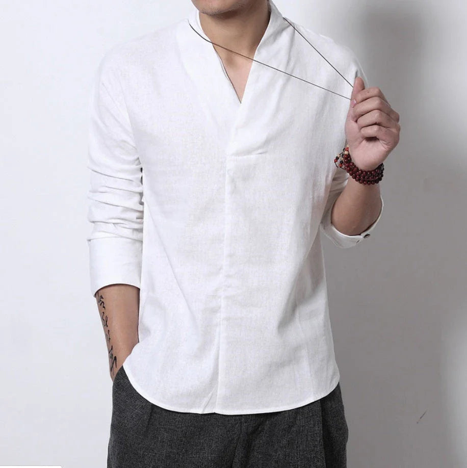 Relaxed-Fit Linen-Blend Chinese-Style Long-Sleeve Shirt for Men in White, Black, Navy, and Gray Colors