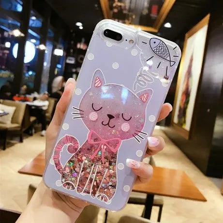 Cat phone case with glitter accents for iPhone, showing feline design and port cutouts