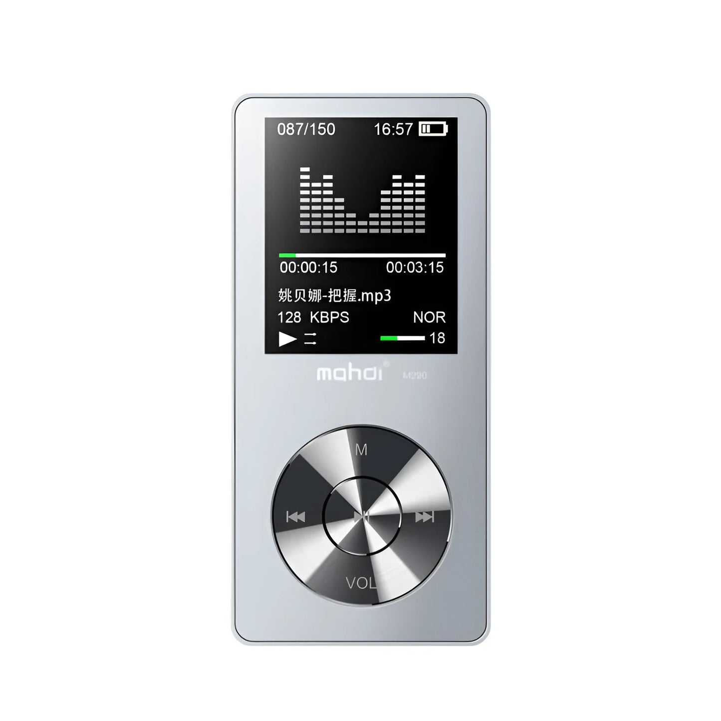 Compact silver metal MP3 music player with 1.8-inch screen showing music menu, beside headphones.