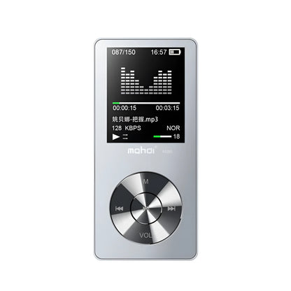 Compact silver metal MP3 music player with 1.8-inch screen showing music menu, beside headphones.