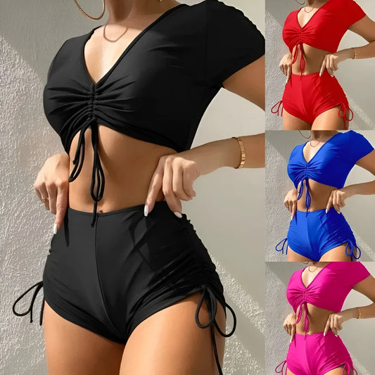 Women's lace-up front swimsuit with bow detail in polyester fabric for swimming