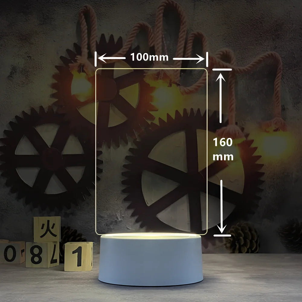 Transparent luminous acrylic note board measuring 100mm x 160mm with erasable surface and included pen