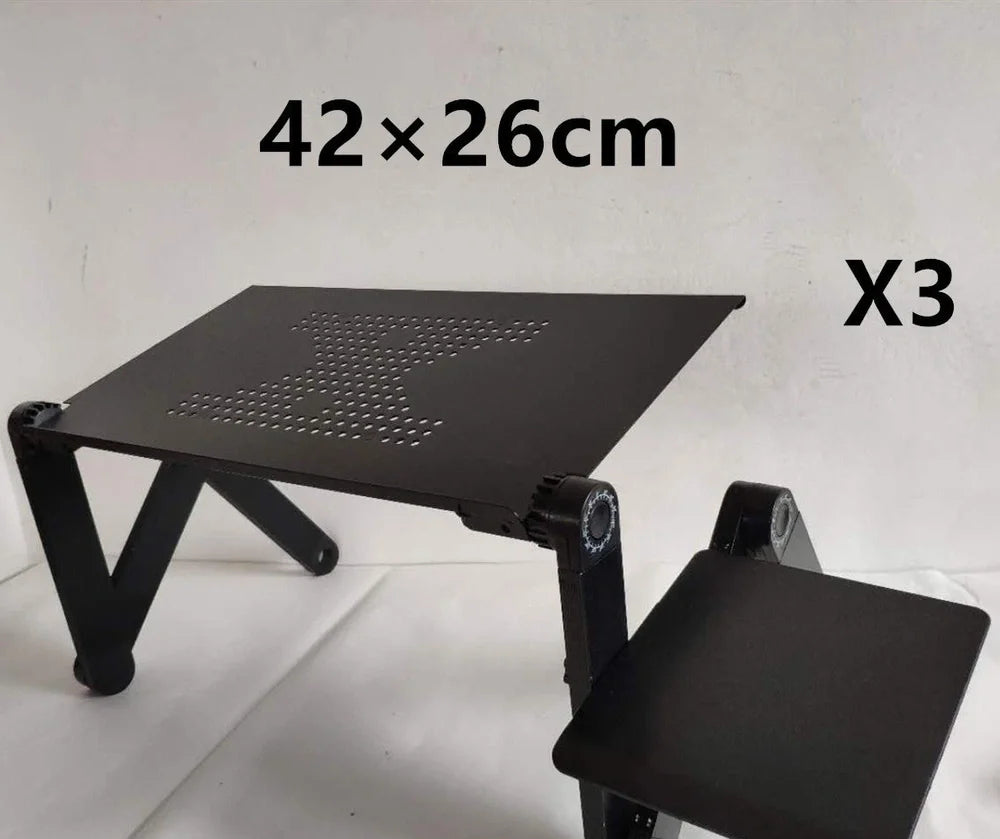 Black aluminium folding computer desk with adjustable legs and non-slip baffles for laptop stability