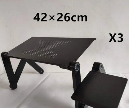 Black aluminium folding computer desk with adjustable legs and non-slip baffles for laptop stability
