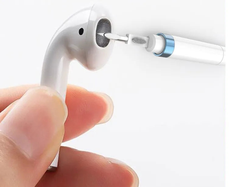 Blue electronics cleaning pen with metal nib, brush, and sponge for cleaning earbuds and phones