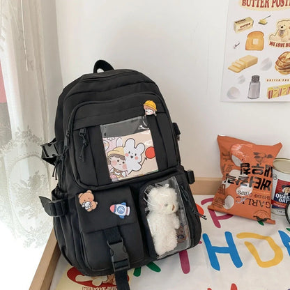 Girls' backpack with 29×12×40cm dimensions in black, white, green, and pink colour options