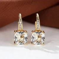 Square zircon inlaid ear hook earrings with geometric design and electroplated finish in golden tone