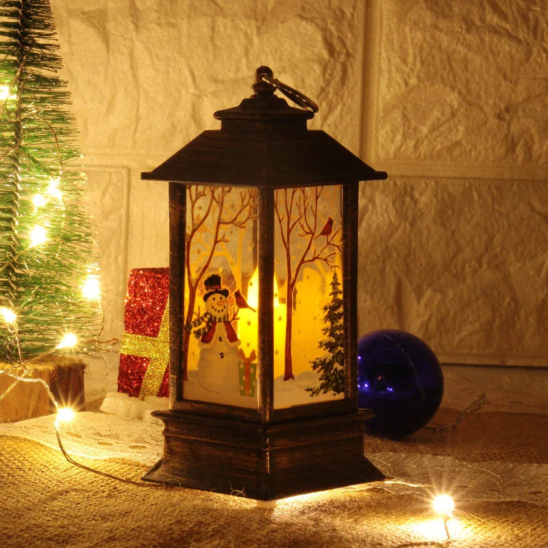 Festive LED Christmas lanterns with Santa Claus, snowman, and other holiday-themed designs