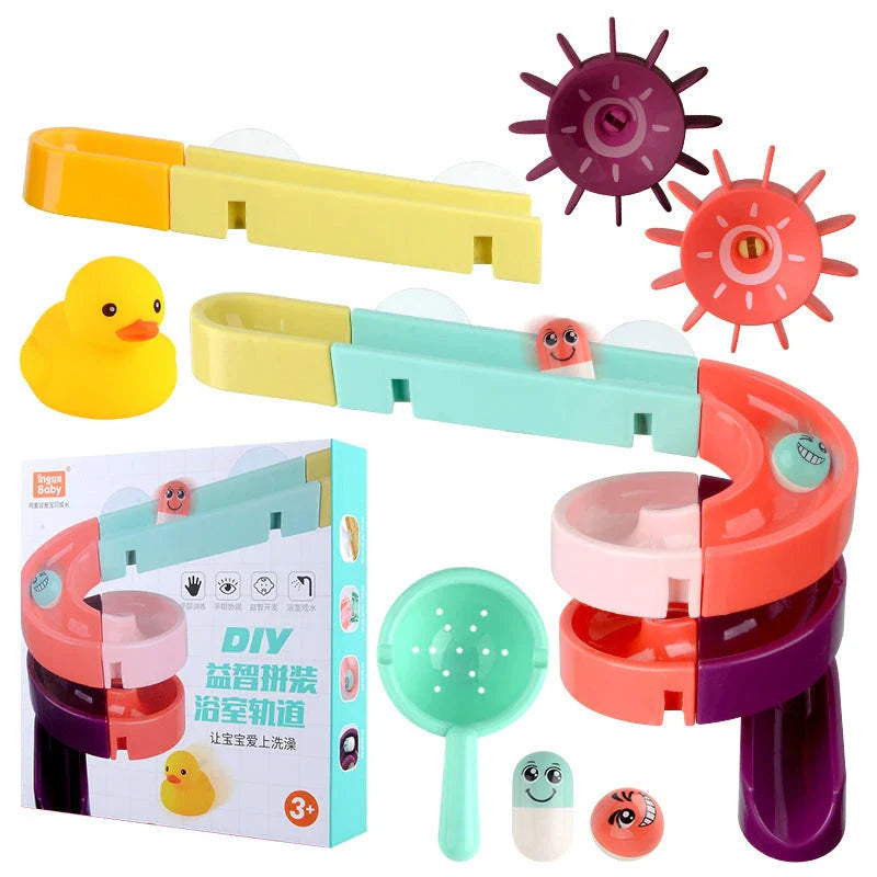 Splash-Tastic Marble Ramp Toy: A colorful, interactive bath time toy that encourages water play and cognitive development in children.