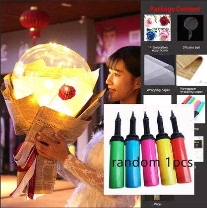 Transparent LED luminous balloon rose bouquet with artificial flowers and illuminated lights