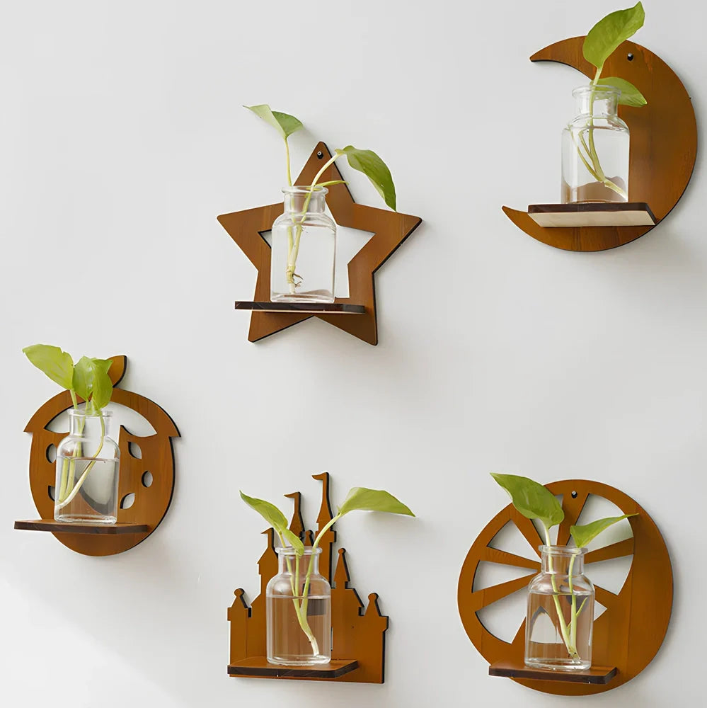 Solid wood wall shelving with irregular shape displaying plants in water bottle reservoirs with retro castle design