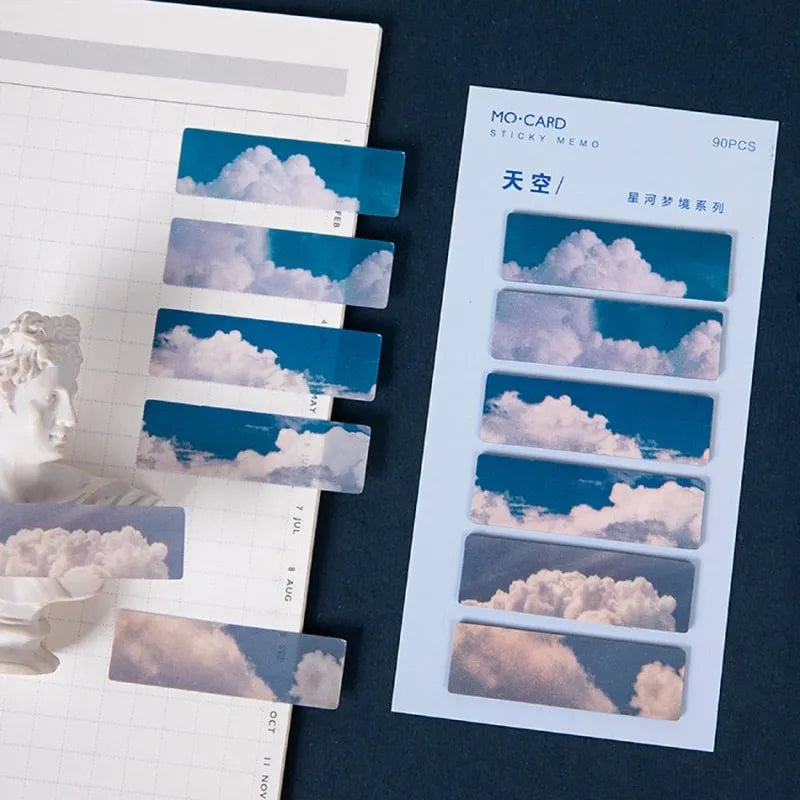 Night sky star index post-it notes with write-on marker surface, 90-card set in six celestial colour themes including dusk, forest, moon, ocean, petard, and sky blue, reusable adhesive pet material for study notes and office organisation