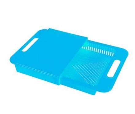 Multifunctional cutting board with integrated strainer and storage tray, made of durable PP material with flexible, rake-shaped body for comfortable chopping