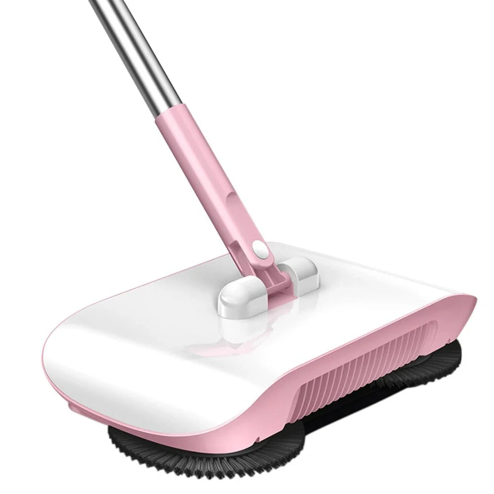 3-in-1 hand push sweeper with broom, dustpan, and trash bin in pink and blue colors