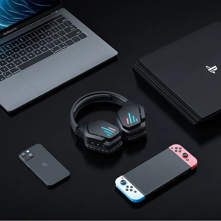 Luminous black wireless headphones with head-mounted design, showing ear cushions and adjustable headband