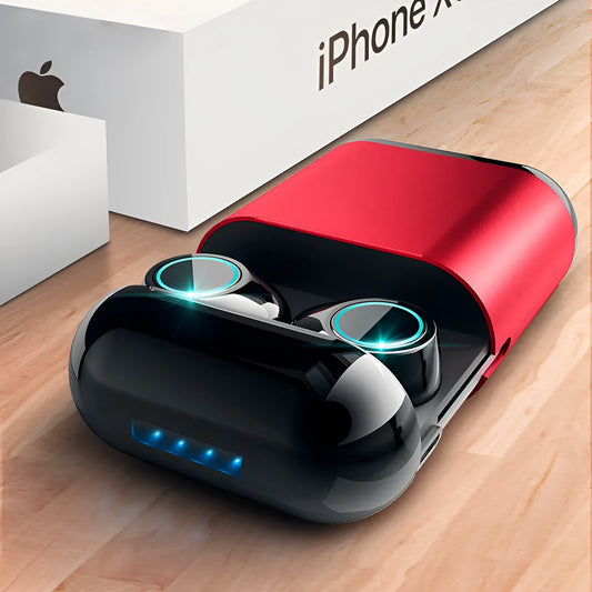 Black TWS Bluetooth wireless earphones with dual microphones displayed on a grey background.