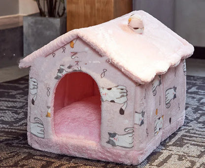 Removable washable plush pet bed house for cats and small dogs, closed yurt shape, available in brown, yellow, grey, blue and pink