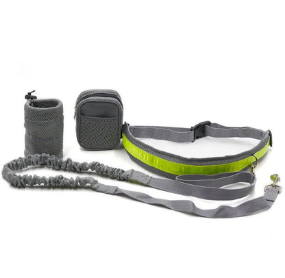 Adjustable hands-free dog leash set in gray, black, green, or red with waist and sundries bags