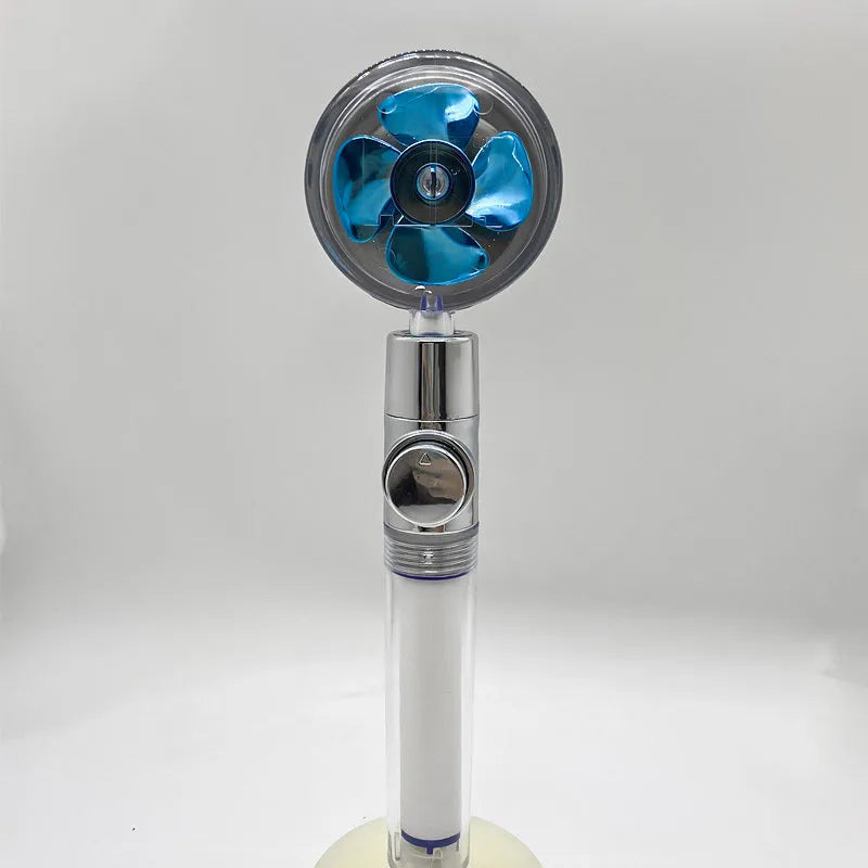 Chrome-finished ABS plastic water-saving shower head with a round, rotating spray head.