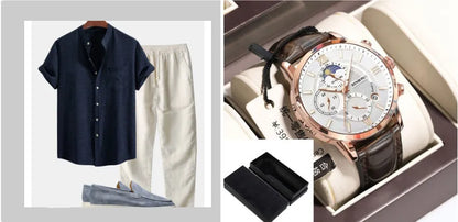 Men's blue slim-fit short-sleeved shirt with stand collar, part of a casual set with pants and shoes.