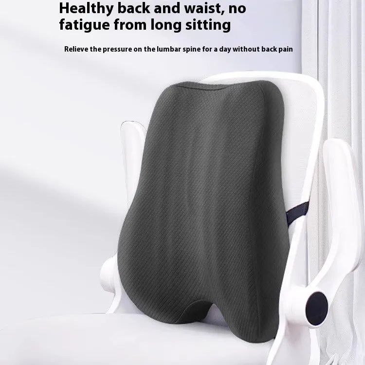 Grey lumbar support pillow for office chair measuring 40 by 40 by 8 centimetres.