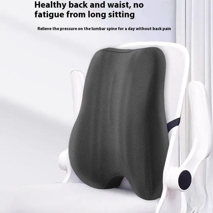 Grey lumbar support pillow for office chair measuring 40 by 40 by 8 centimetres.