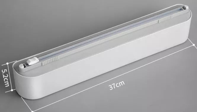 Black and gray plastic wrap dispenser with sharp cutter for kitchen