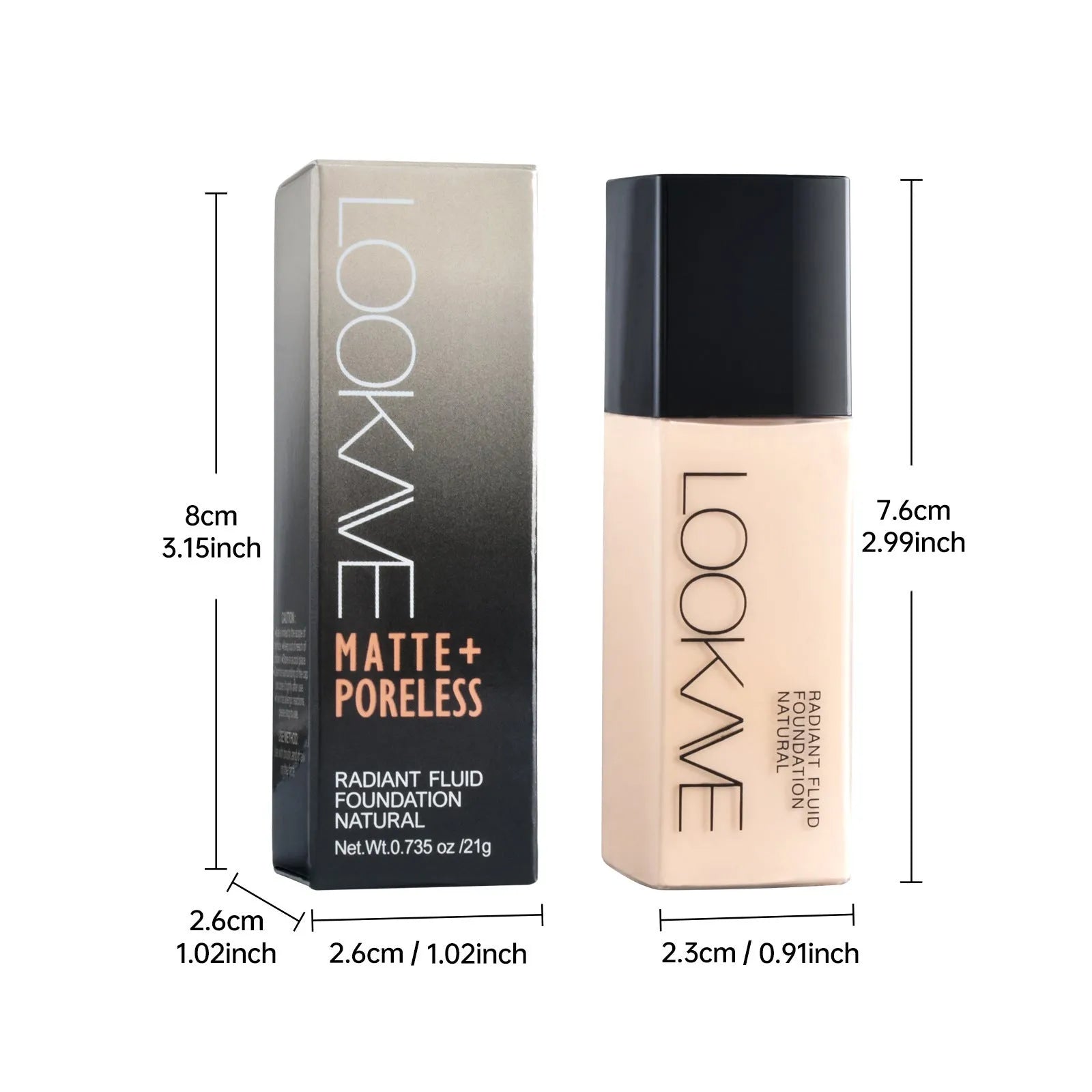 LOOKAVE Matte Liquid Foundation bottle, 21g net content, shown in ivory white shade.