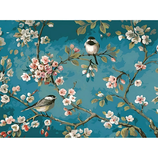 Abstract hand-painted oil painting of blue flowers and birds on 40x50cm linen canvas
