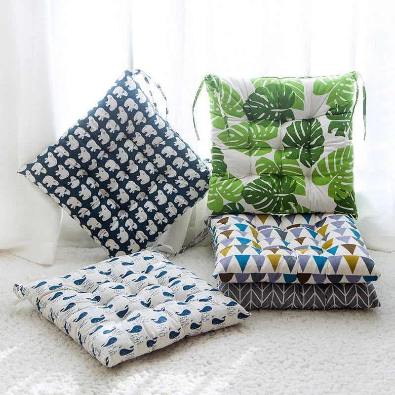 Comfortable Linen-Cotton Chair Cushion with a variety of vibrant patterns and designs, perfect for indoor and outdoor use.