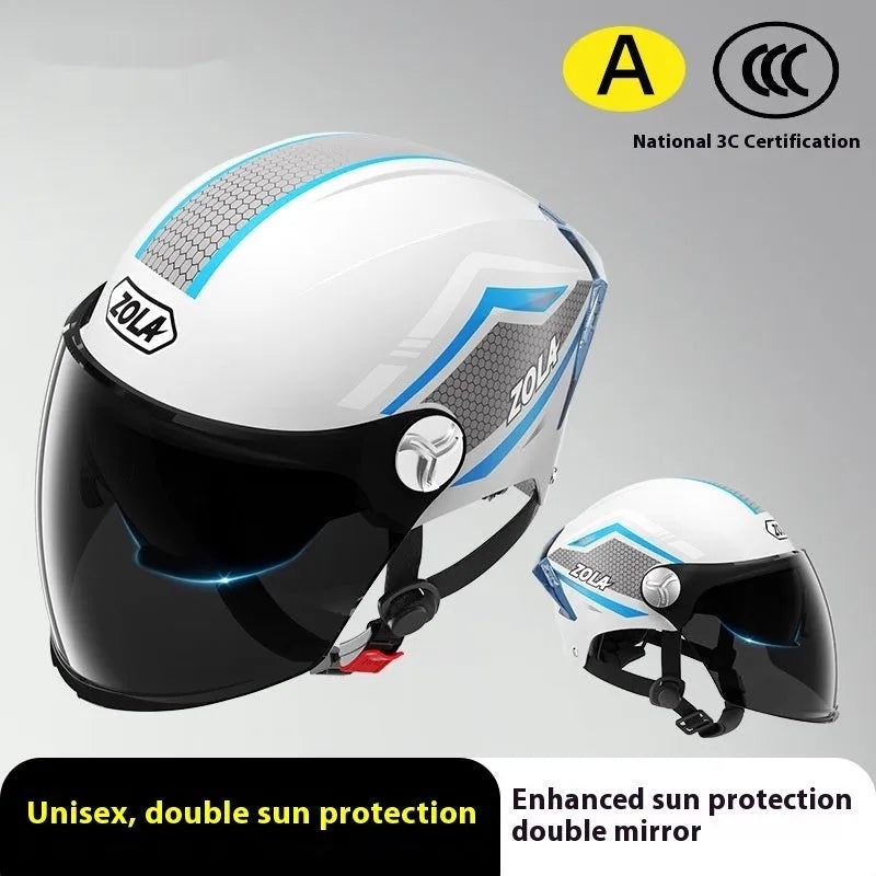 Men's and women's battery motorcycle half helmet with double mirror visor in light brown colour, 3C-certified ABS construction