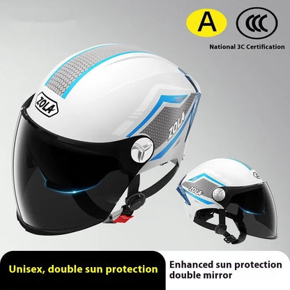 Men's and women's battery motorcycle half helmet with double mirror visor in light brown colour, 3C-certified ABS construction