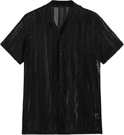 Men's white knitted short-sleeve shirt with button front and jacquard texture