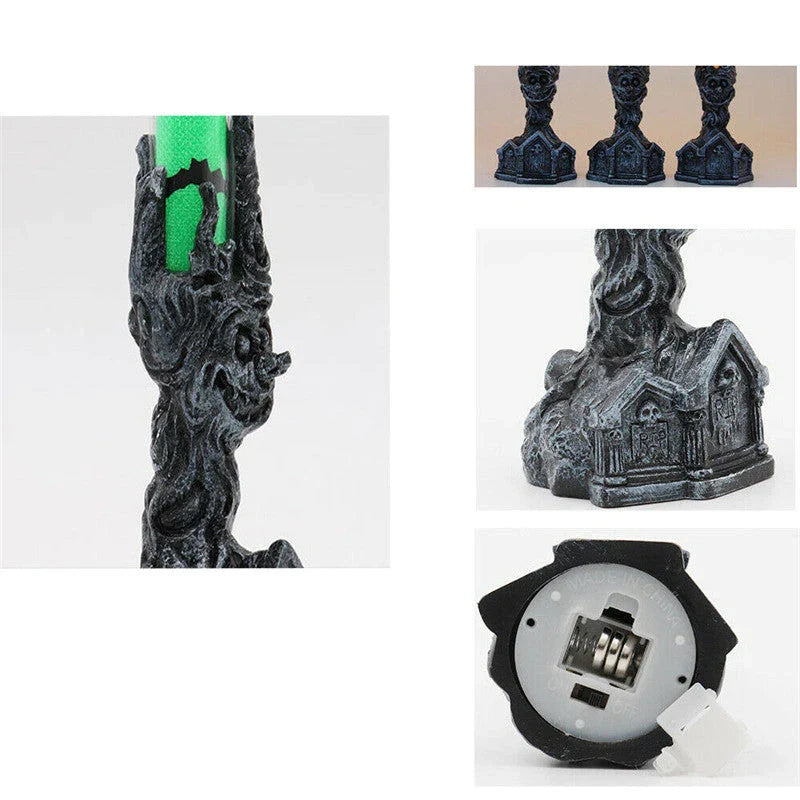 Spooky Halloween LED candle decoration with quirky hand-holding design and warm white lighting