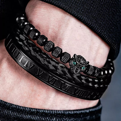 Leopard Head Set Mesh Pineapple Pearl Roman Bracelet in titanium steel with black or white diamonds