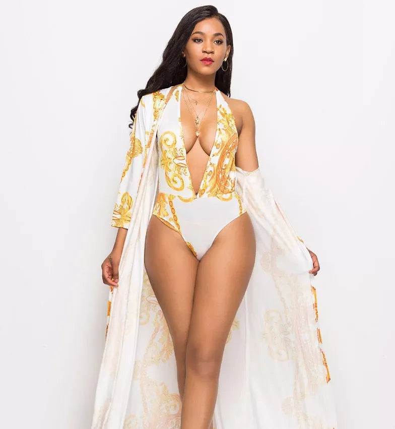 Printed cloak bikini in black and white, sizes M to 2XL, lightweight polyester fabric