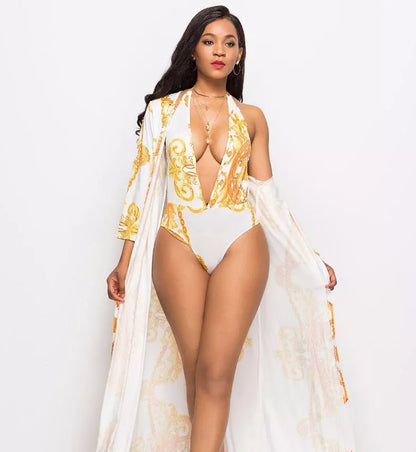 Printed cloak bikini in black and white, sizes M to 2XL, lightweight polyester fabric