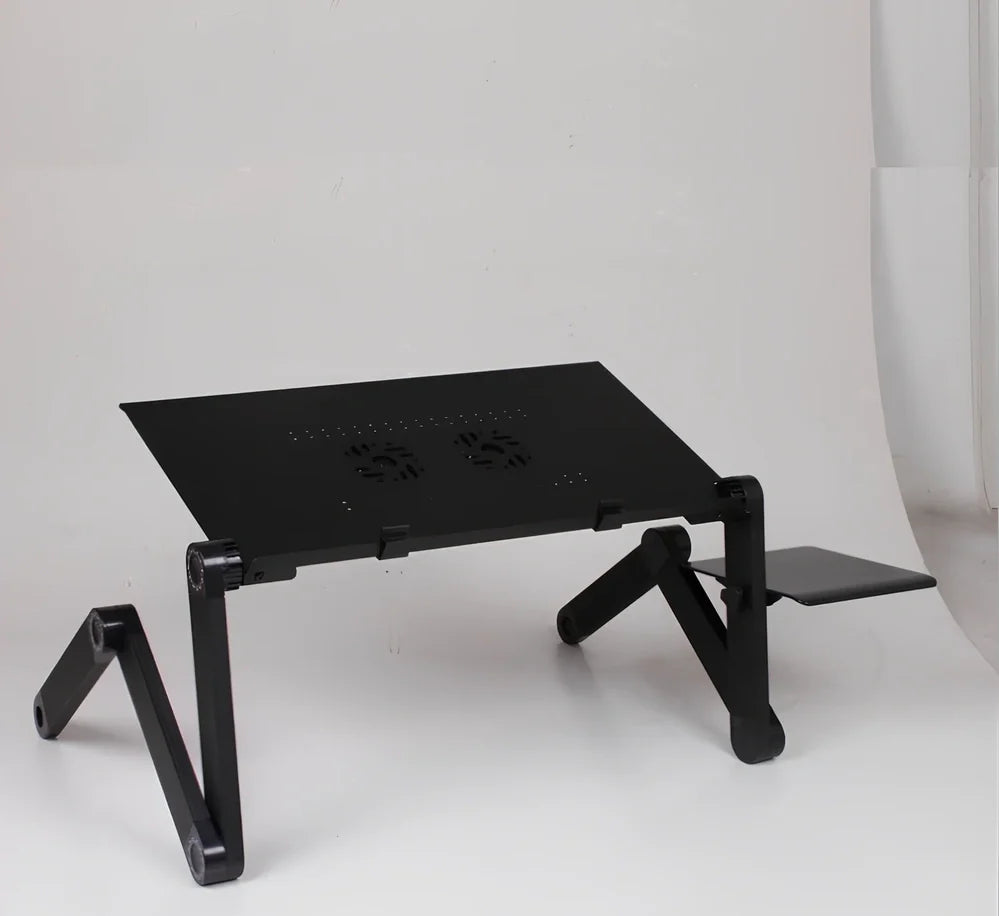 Black aluminium folding computer desk with adjustable legs and non-slip baffles for laptop stability