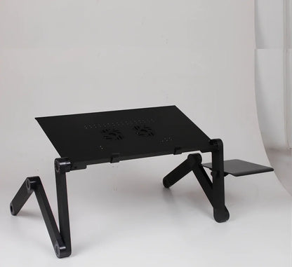 Black aluminium folding computer desk with adjustable legs and non-slip baffles for laptop stability
