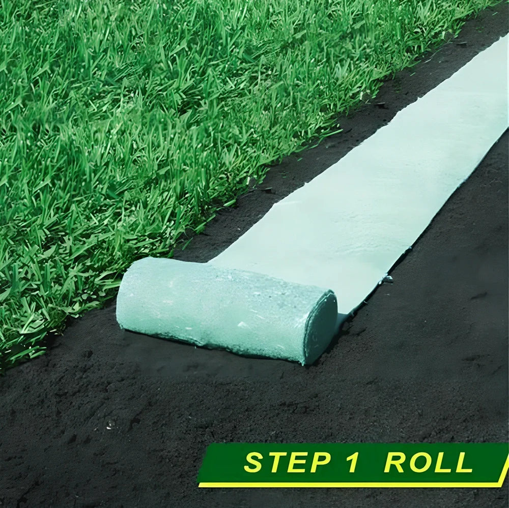 Biodegradable grass seed mat unrolled, 20cm x 300cm size, showing wind-proof fabric for soil consolidation and moisture retention in garden use