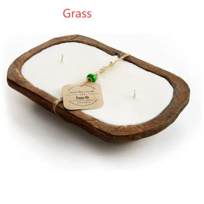 Retro wooden basin containing a lavender-scented soy wax candle with three visible wicks.
