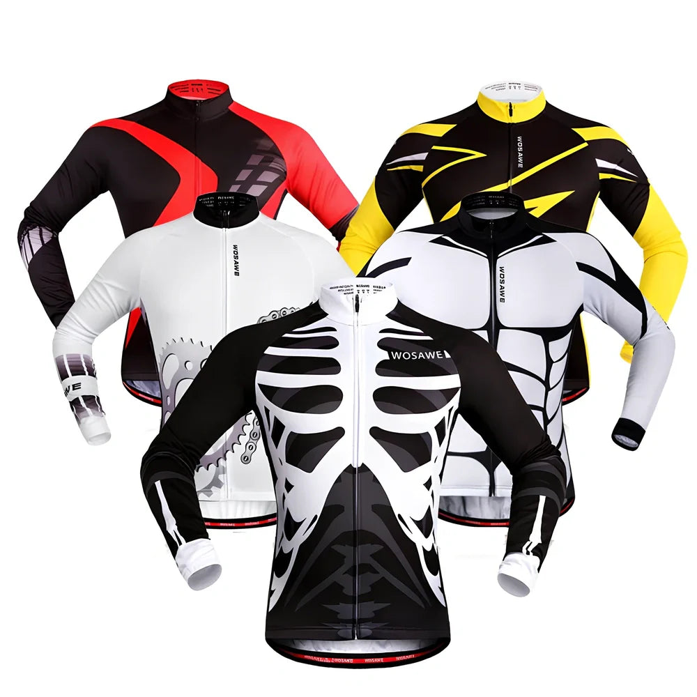 Long sleeve mountain bike cycling jersey in black white with breathable mesh underarms and reflective back for night rides, sizes S-XXL