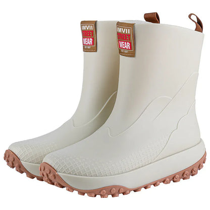 Men's mid low tube rain boots in black red colour with round toe and plastic soles